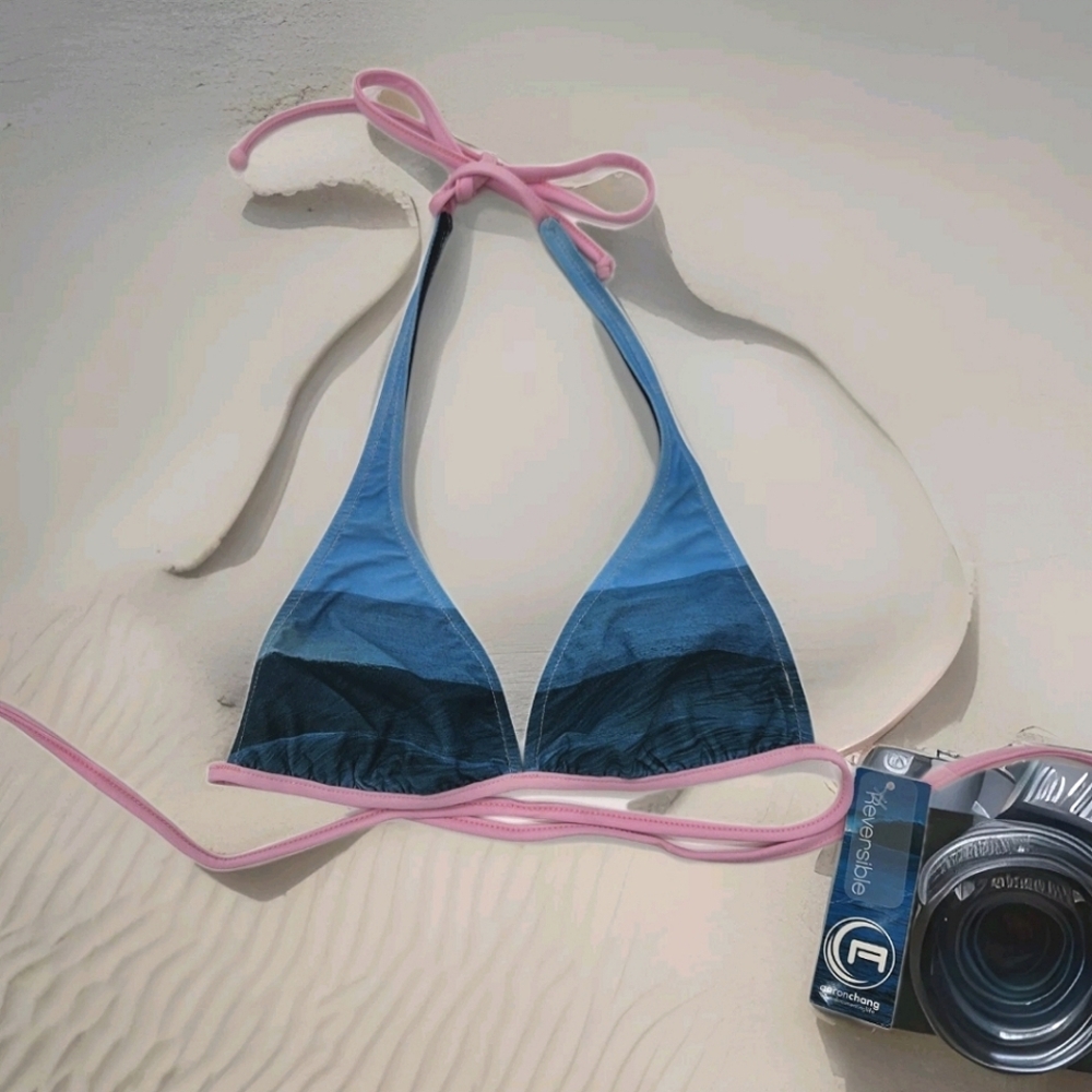 NWT VTG Aaron Chang Reversible Striped Wave Bikini Top Size Med